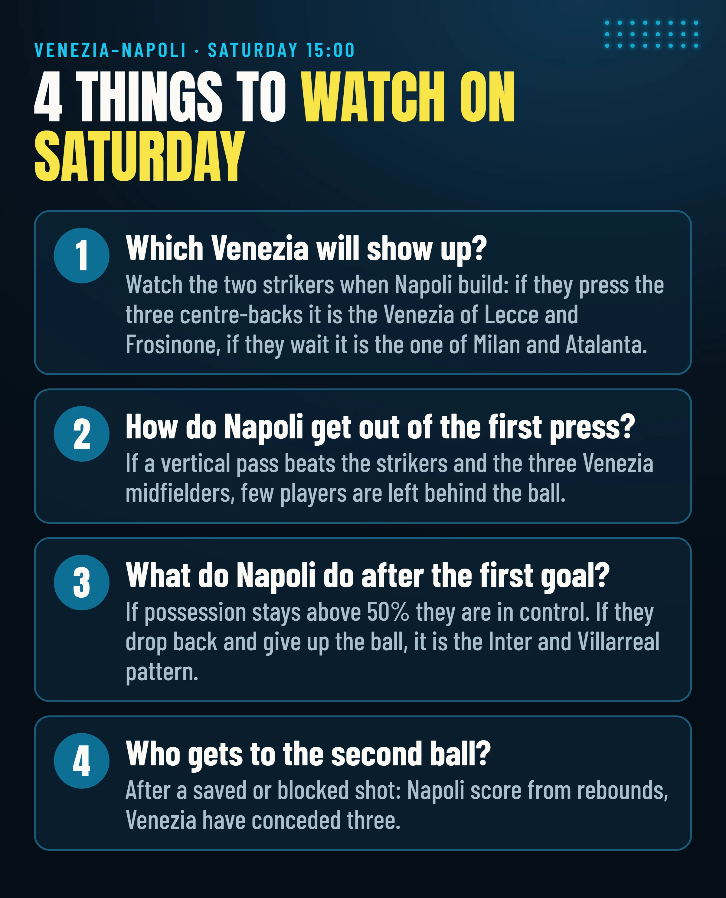 The four things to watch on Saturday in Venezia–Napoli.
