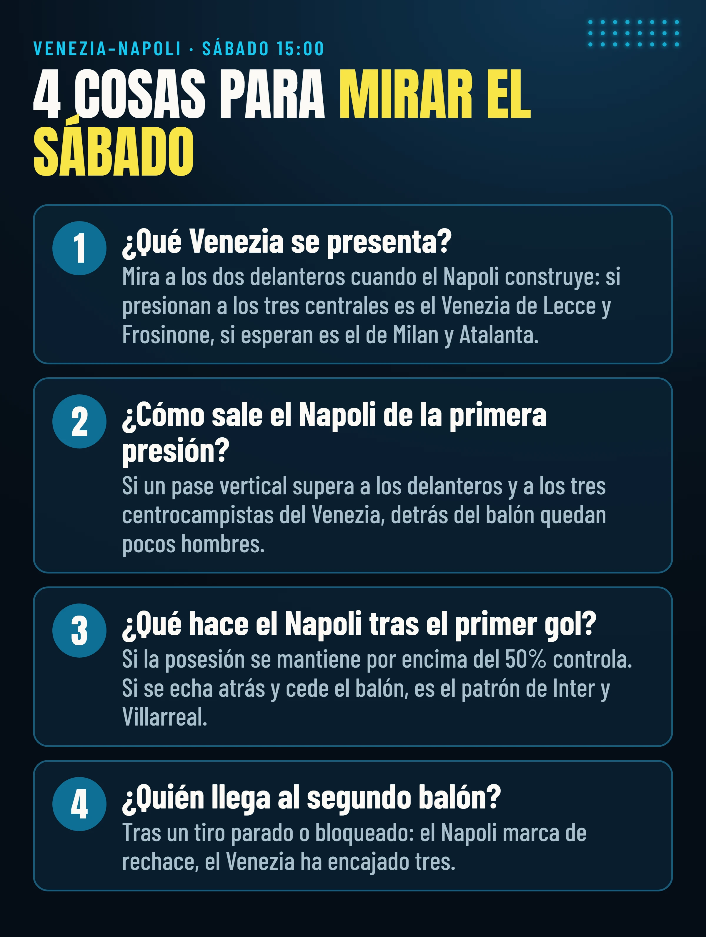 Las cuatro cosas que mirar el sábado en Venezia–Napoli.
