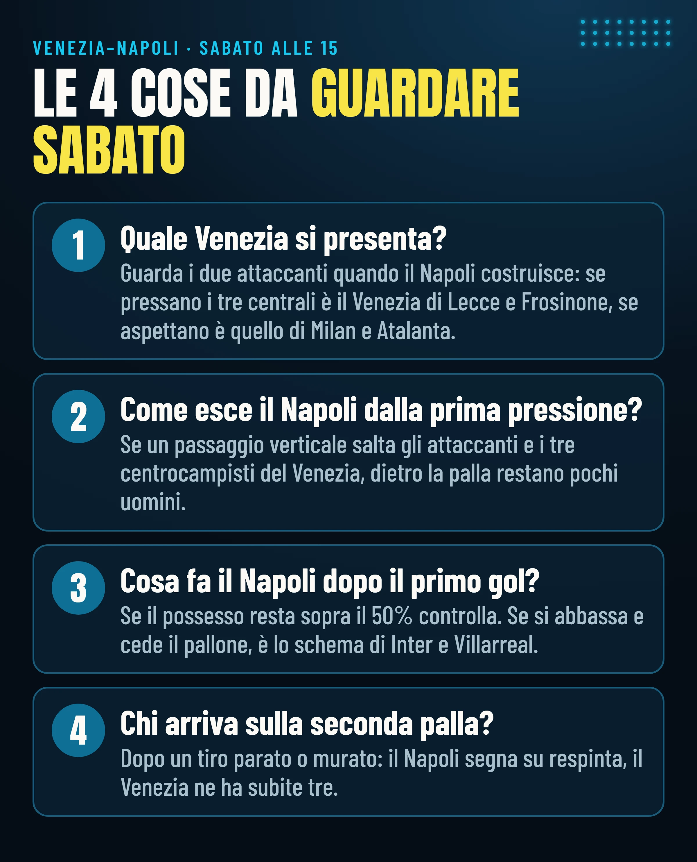 Le quattro cose da guardare sabato in Venezia–Napoli.