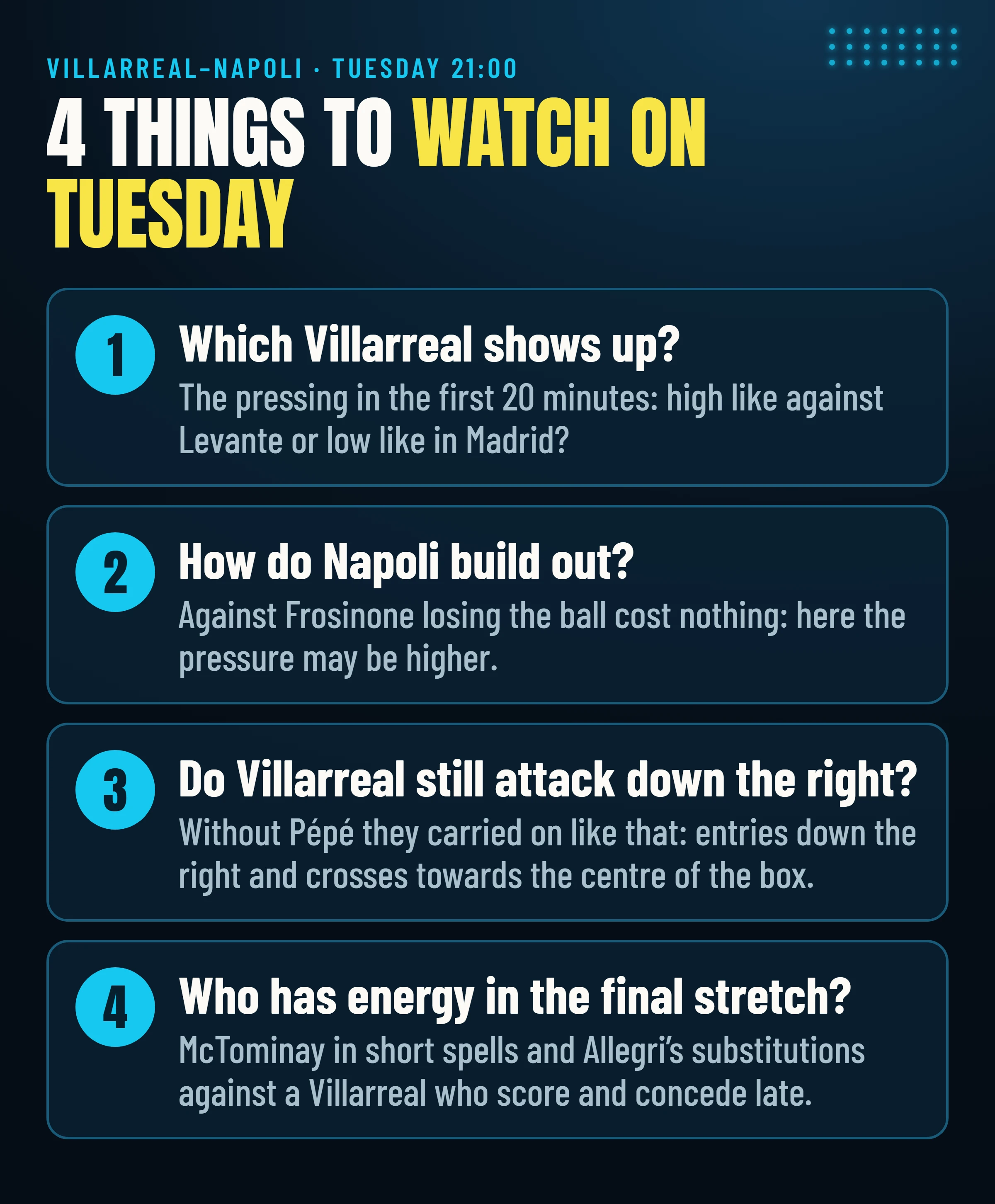 The four things to watch on Tuesday in Villarreal–Napoli.