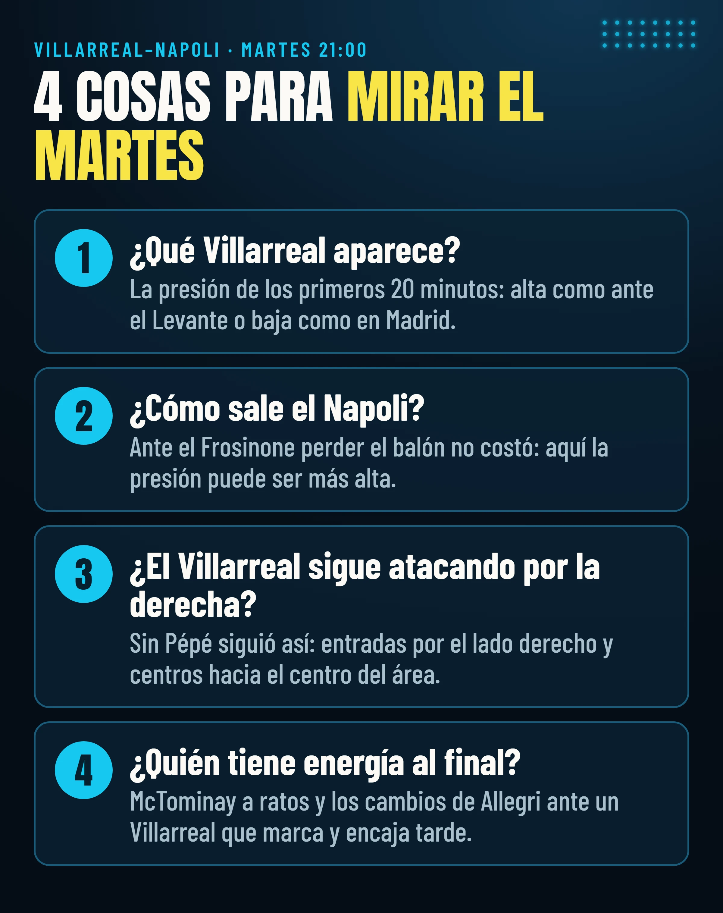 Las cuatro cosas que mirar el martes en Villarreal–Napoli.