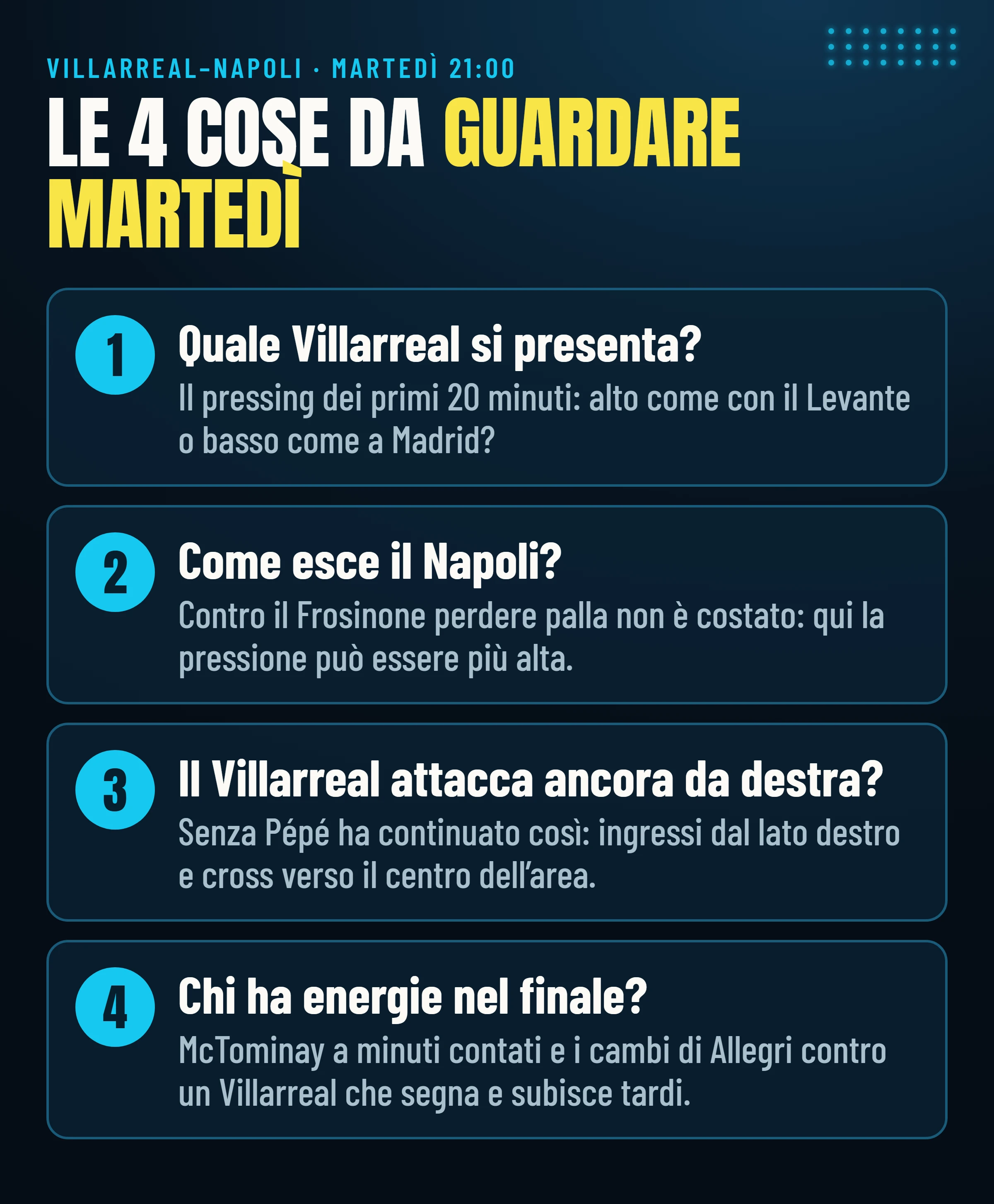 Le quattro cose da guardare martedì in Villarreal–Napoli.